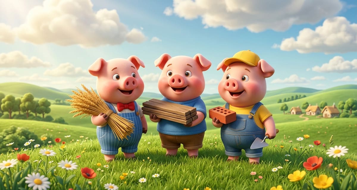 ¡Los tres cerditos se abrazan con amor y muestran sus casitas de paja, madera y ladrillo!