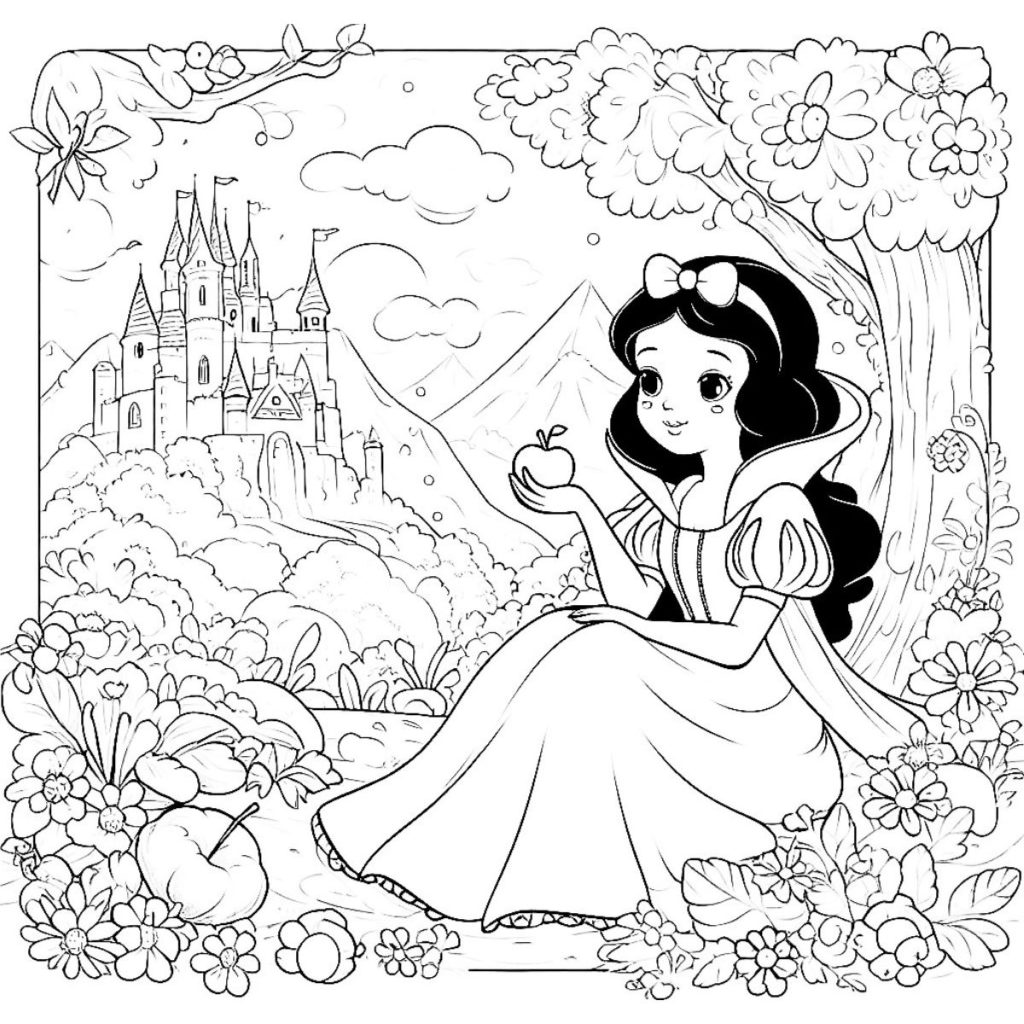 Dibujo para colorear del cuento clásico Blancanieves y los siete enanitos