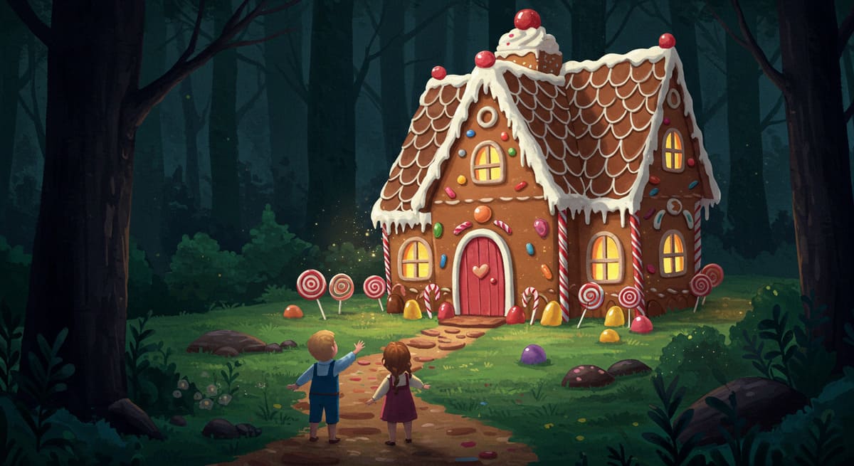 Hansel y Gretel 10 Hansel y Gretel maravillados frente a la tentadora Casa de Chocolate en el bosque.