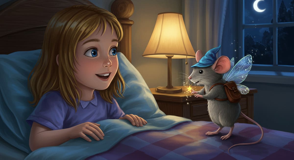 Clara y el Ratoncito Pérez intercambiando el diente por un mágico colgante bajo la luz de la luna.