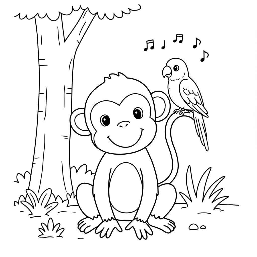 El Monito Feliz 1 Ilustración para colorear del cuento El monito feliz