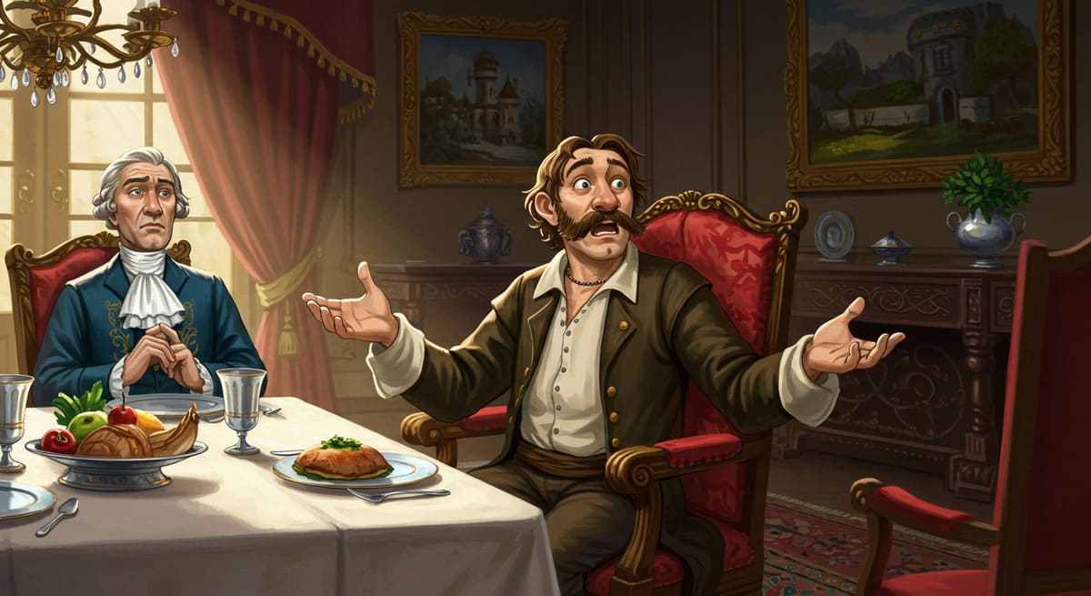 El Doctor Sabelotodo, el campesino, sentado a la mesa con el noble, intentando resolver el misterio del tesoro robado.