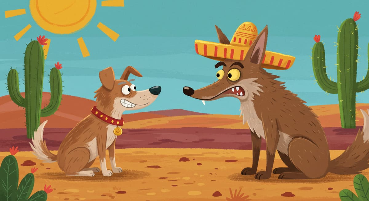 El perro viejo y astuto, con una sonrisa de victoria, engañando al coyote.