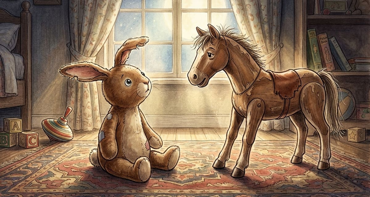 El conejo de terciopelo escuchando al sabio caballo de juguete en el cuarto de los niños.